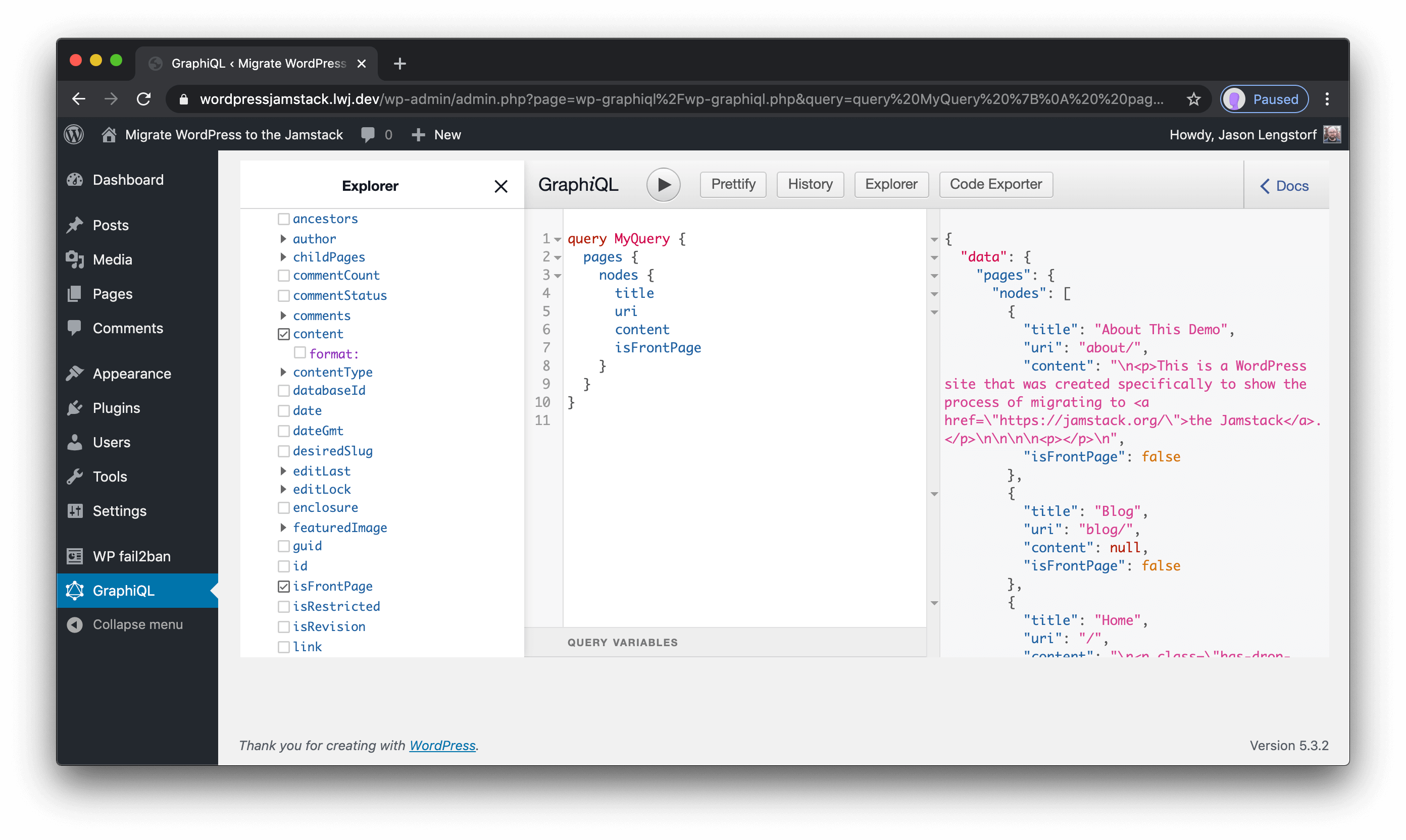 GraphQL query result.