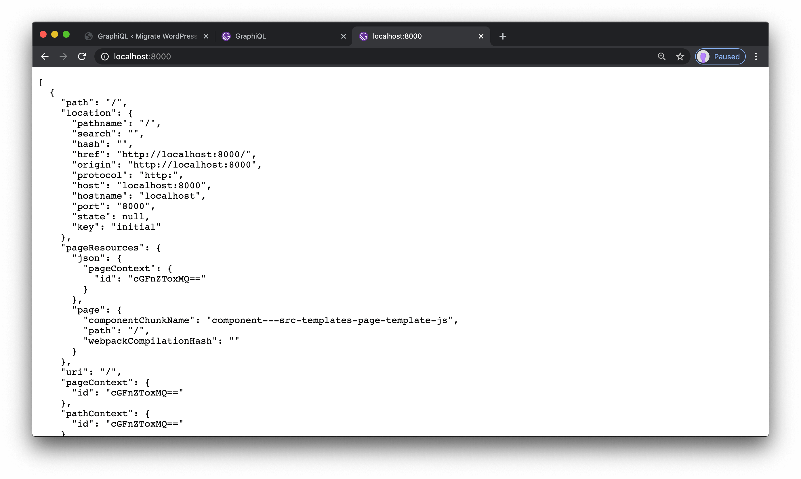 Debugging data printed from a Gatsby page React component.