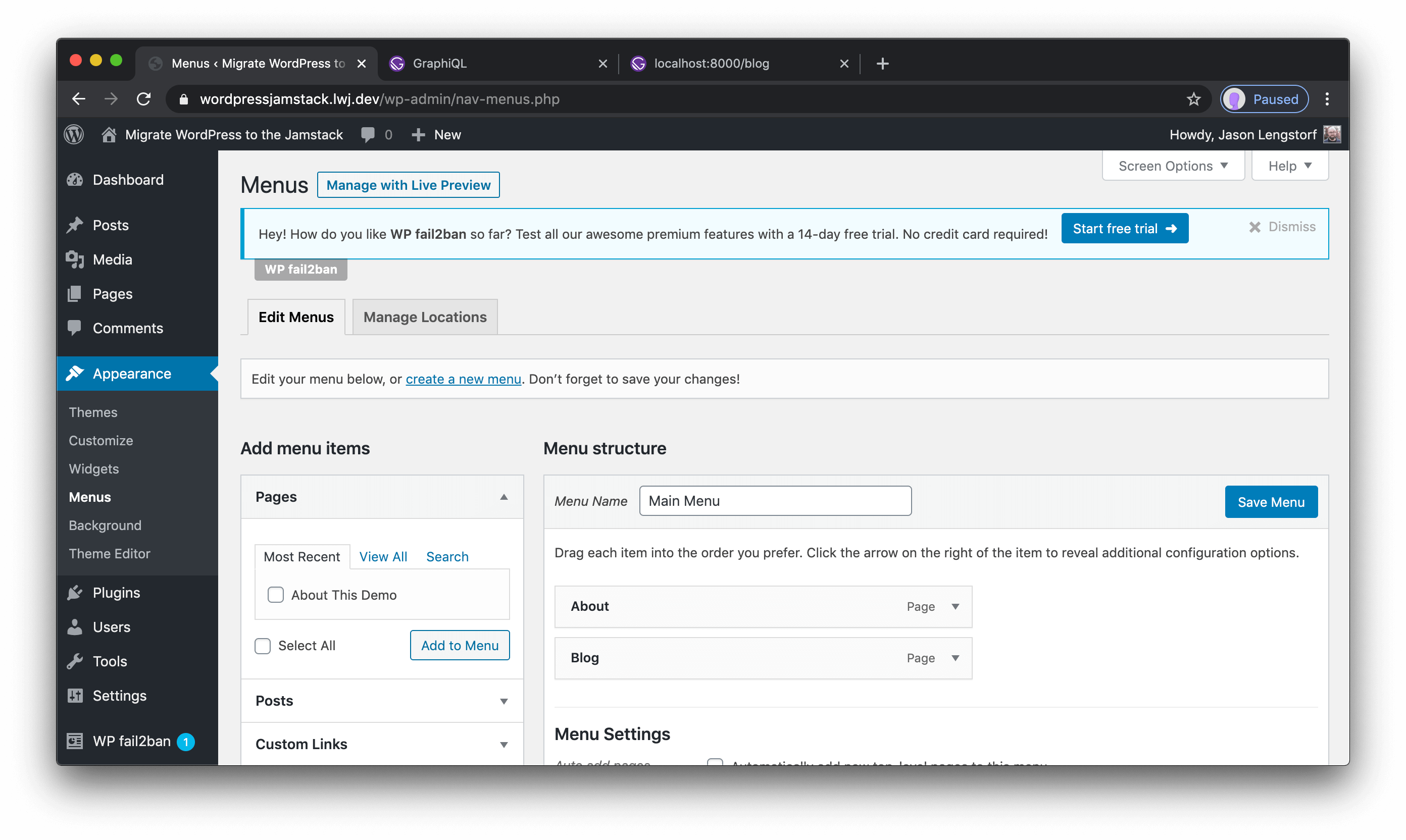 WordPress menus UI.