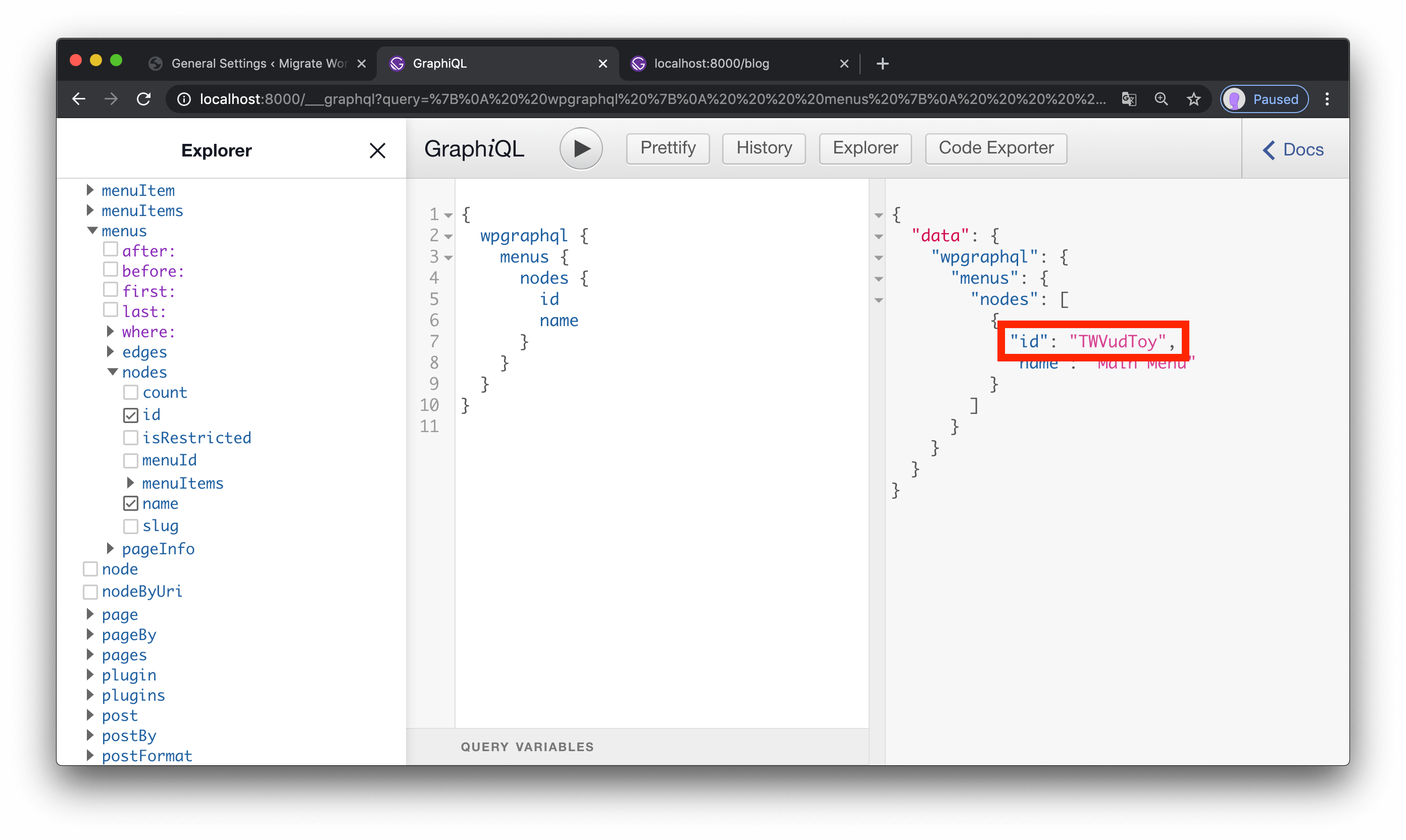 GraphQL query result that contains the menu ID.