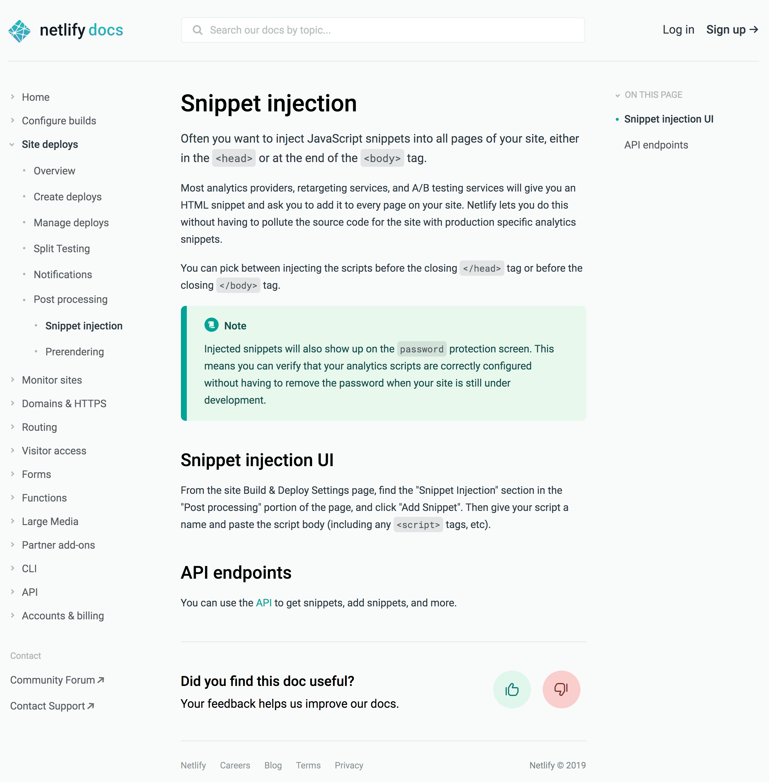 Same page about snippet injection, this time nested under Site deploys > Post processing