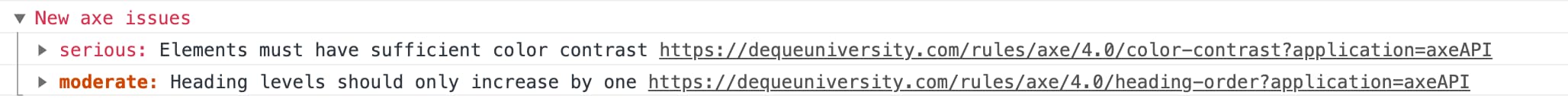 Example of accessibility issue found by the axe package, displayed in the browser's developer tools