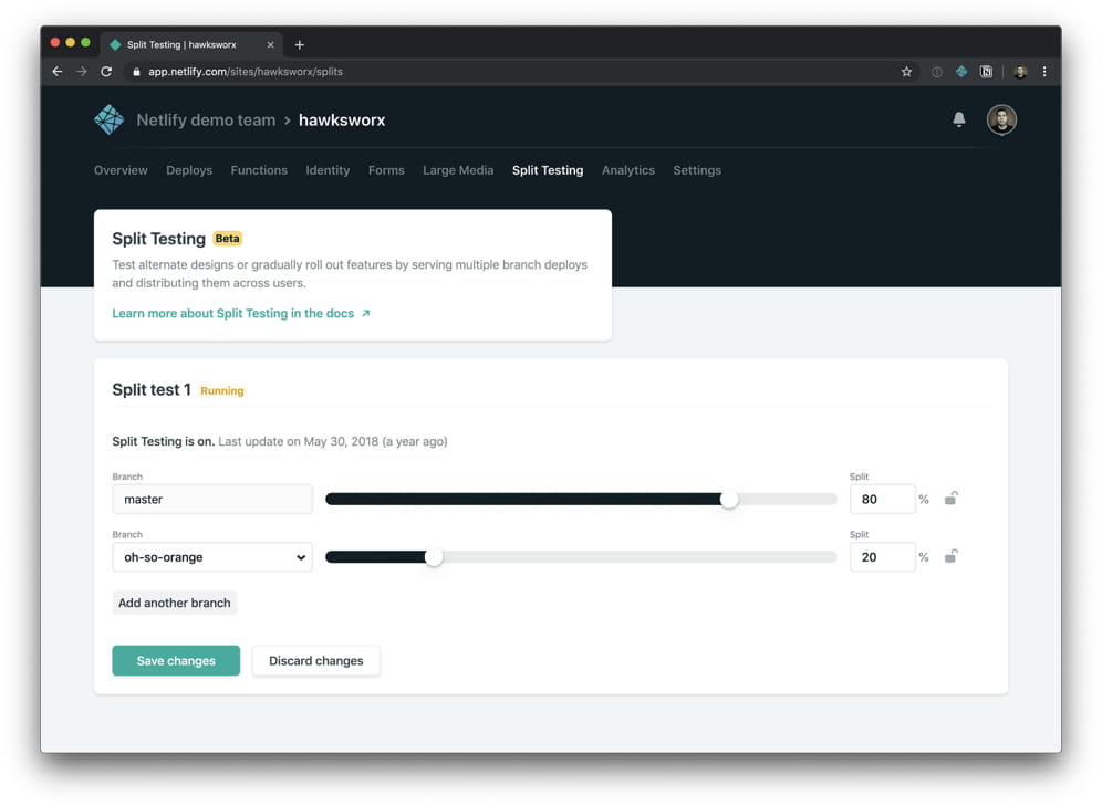 Configuring a split test on Netlify