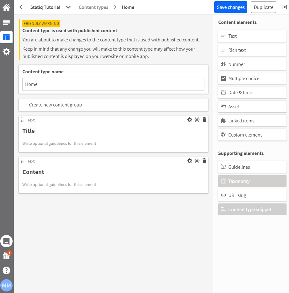 create content type statiq kentico kontent