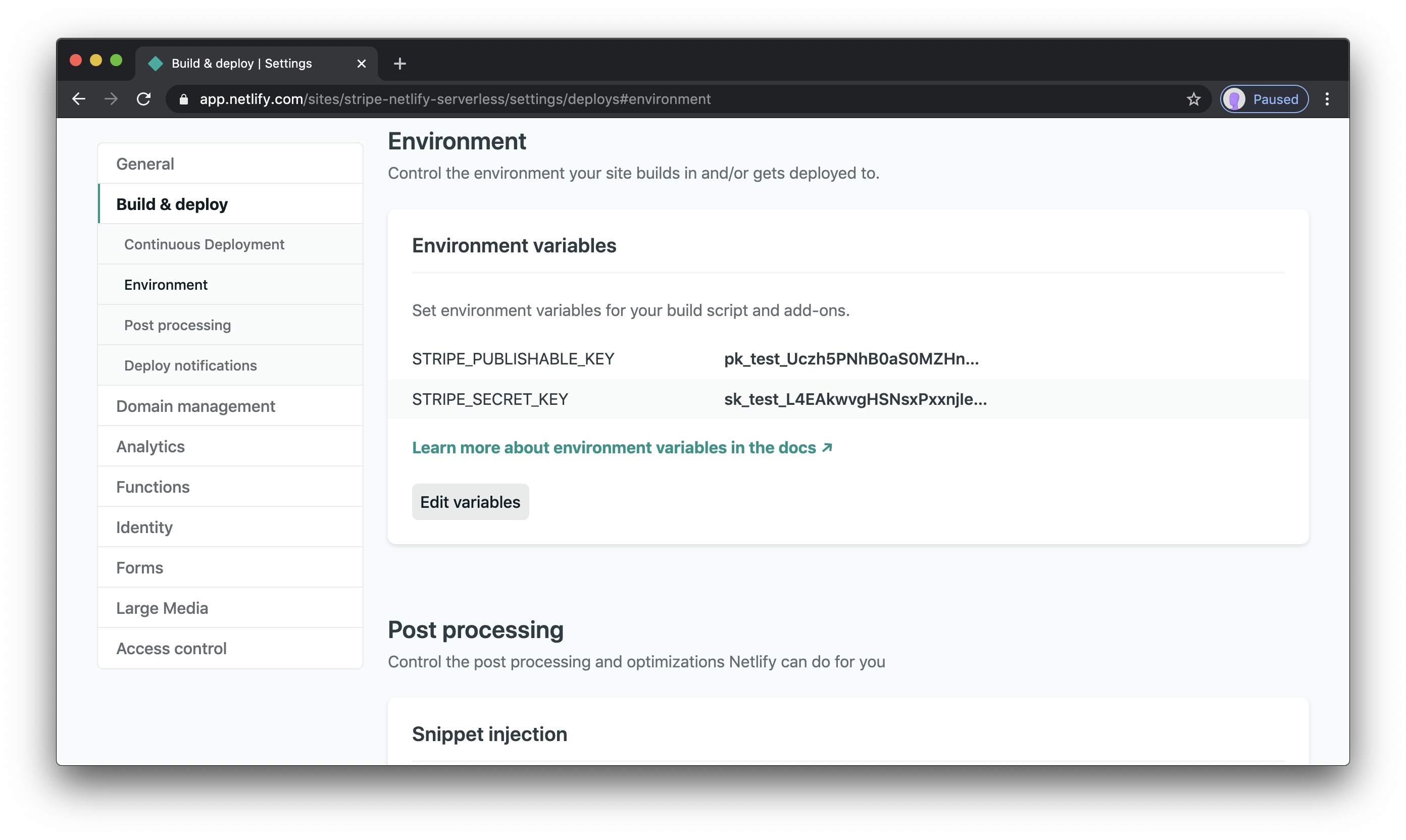 Stripe env vars added to the Netlify environment settings