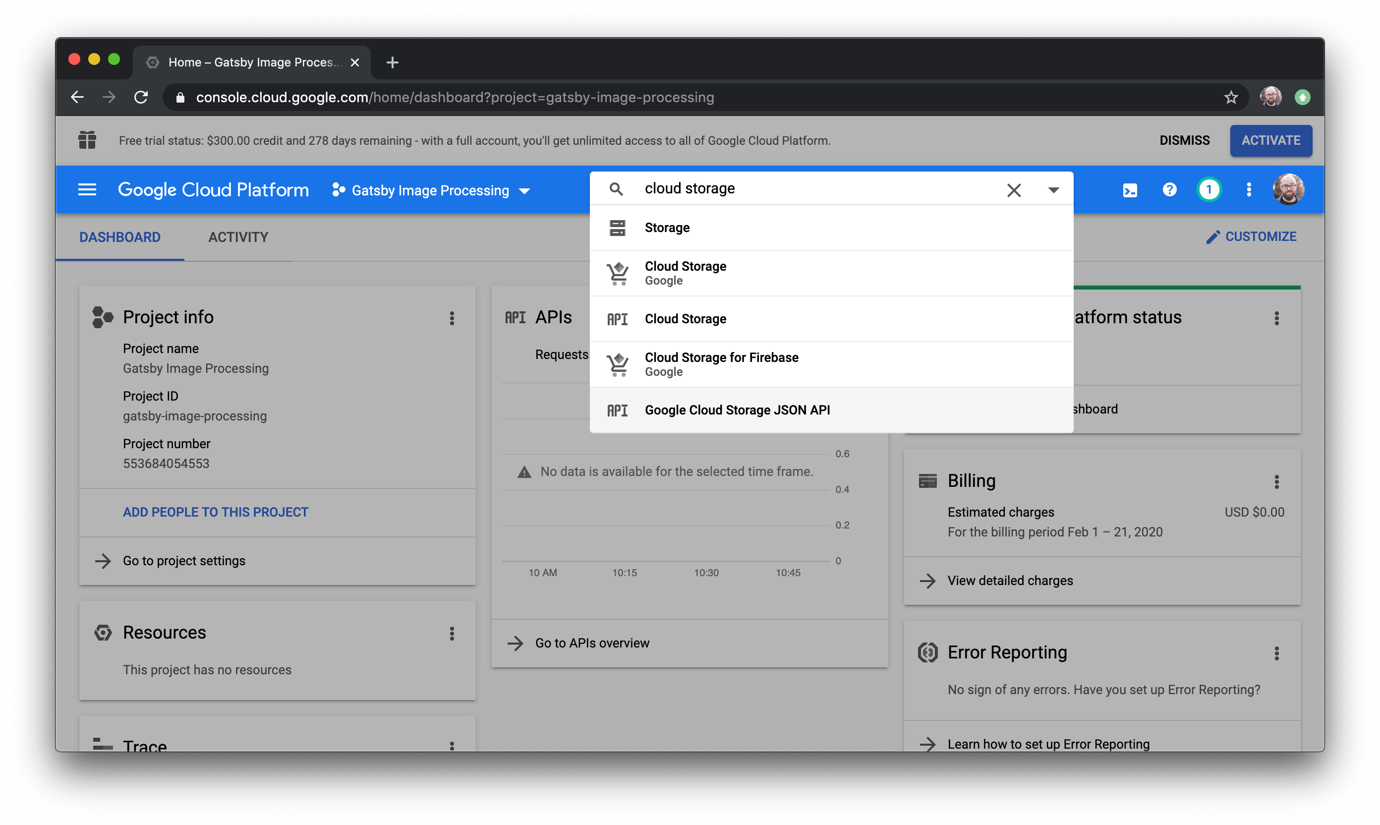 Google Cloud Storage JSON API selected in the dropdown.