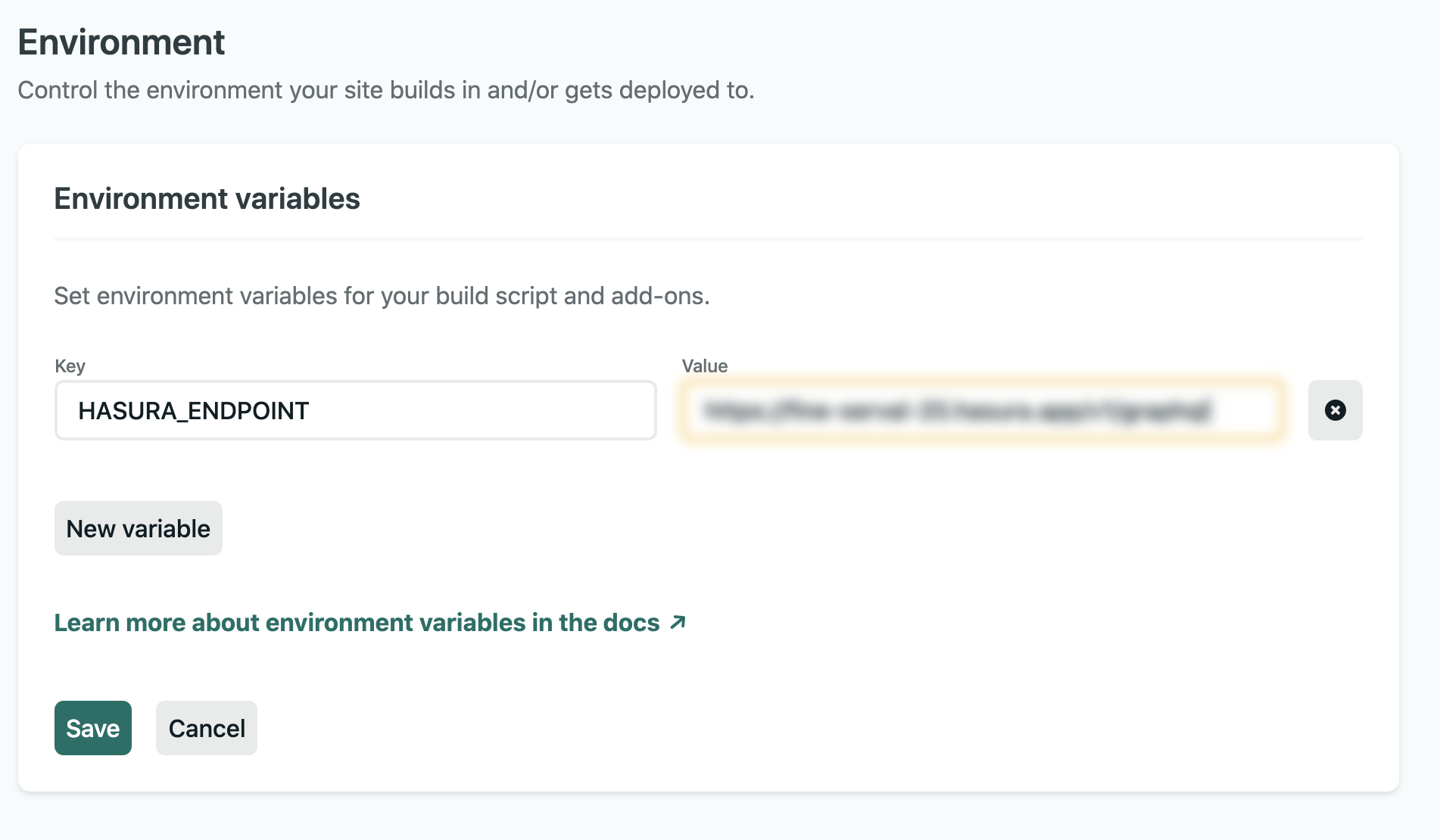 Netlify env settings hasura endpoint key value variable