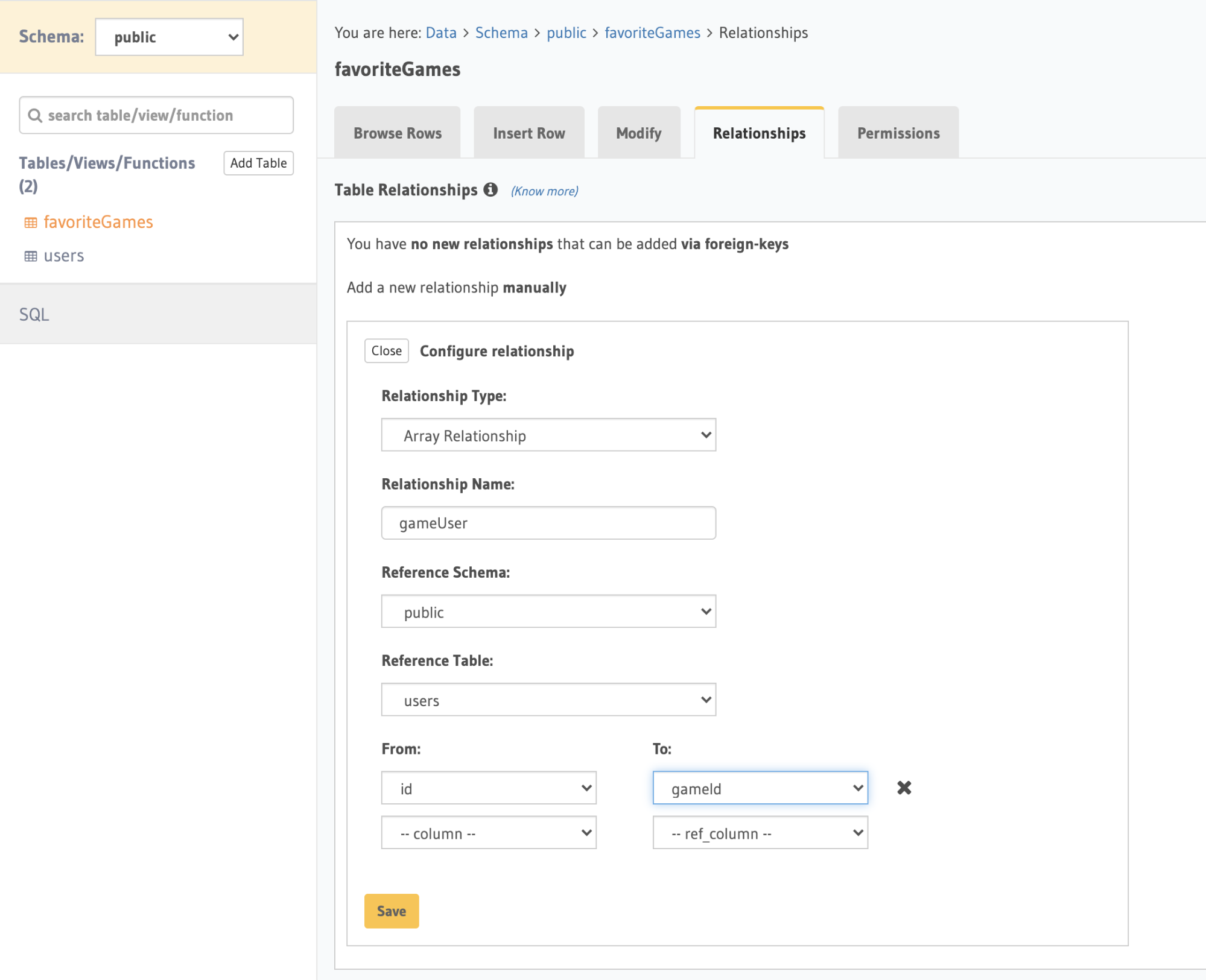 Screenshot of Hasura SQL relationships