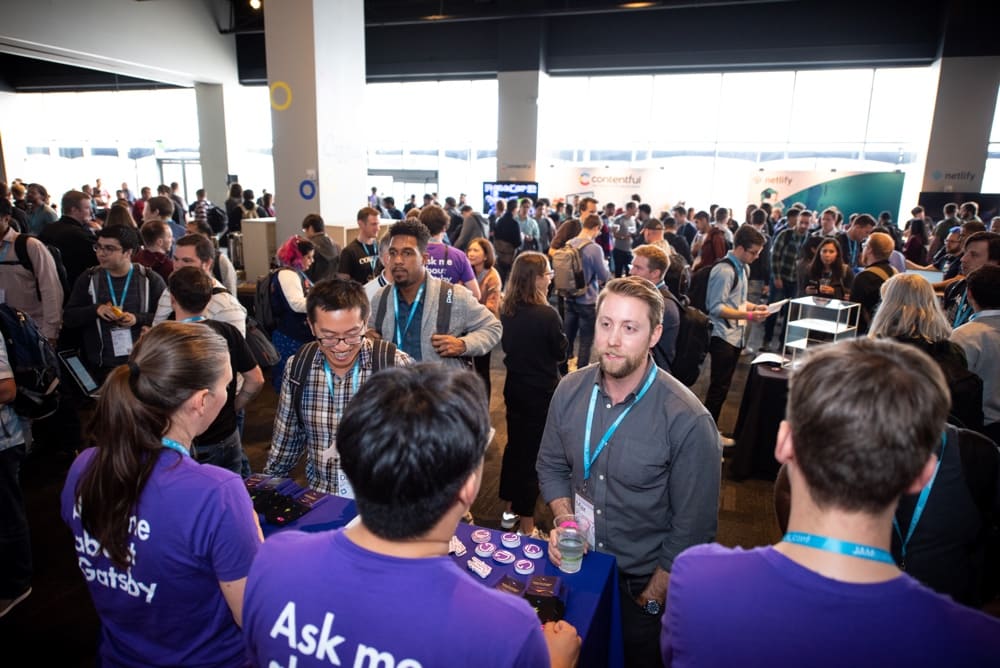 Bustling exhibitors hall at JAMstack_conf