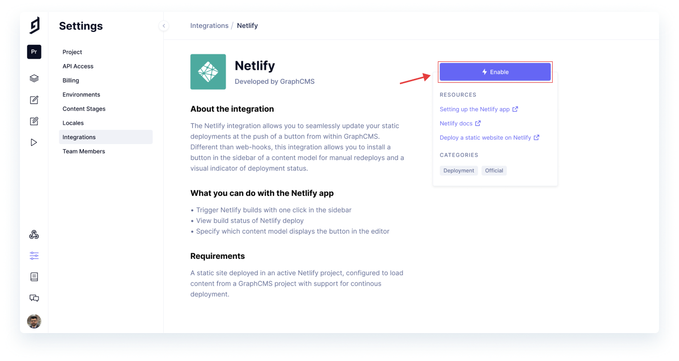 Enabling Netlify integration in GraphCMS dashboard screenshot