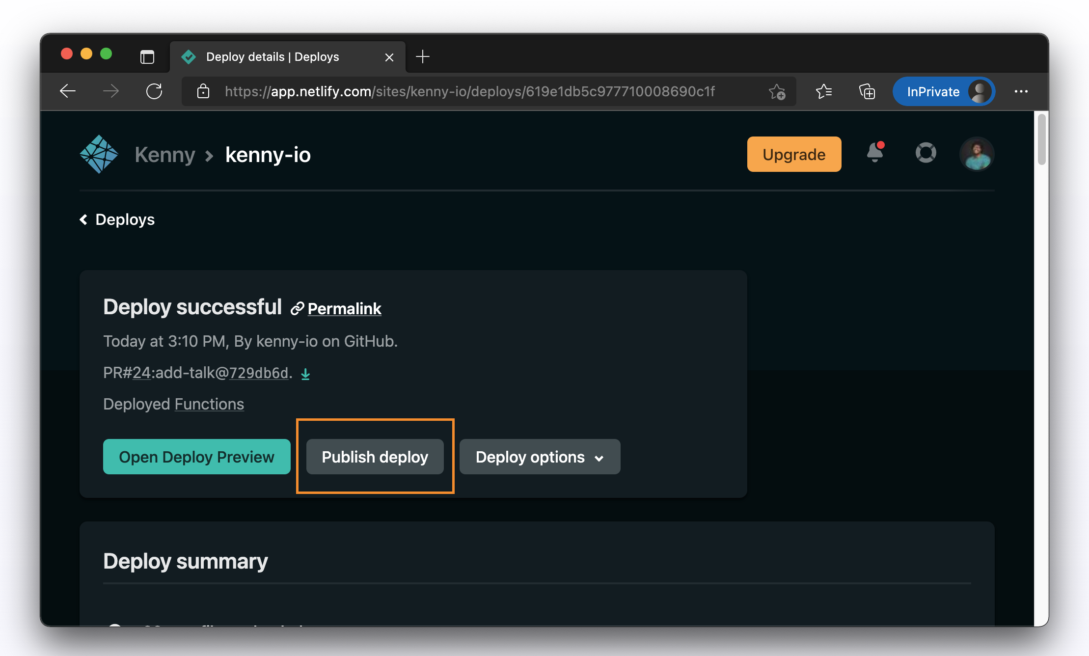 The Publish deploy button in a deploy summary page