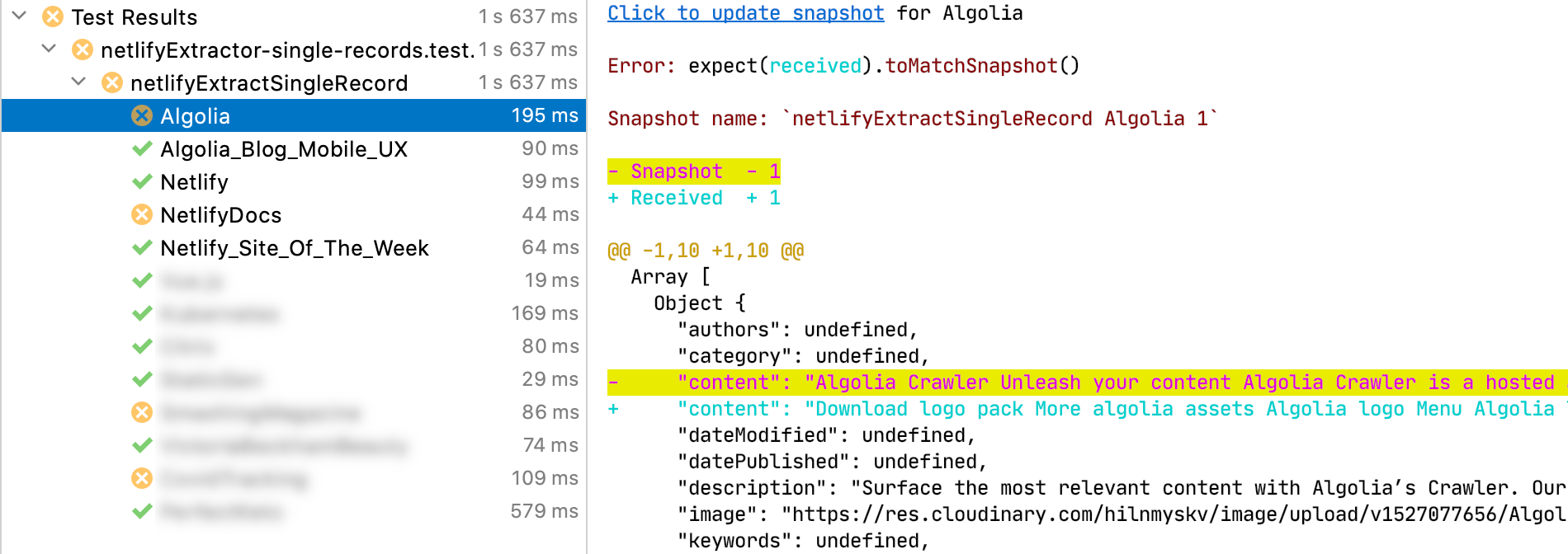 Screenshot of regression test results related to data extraction