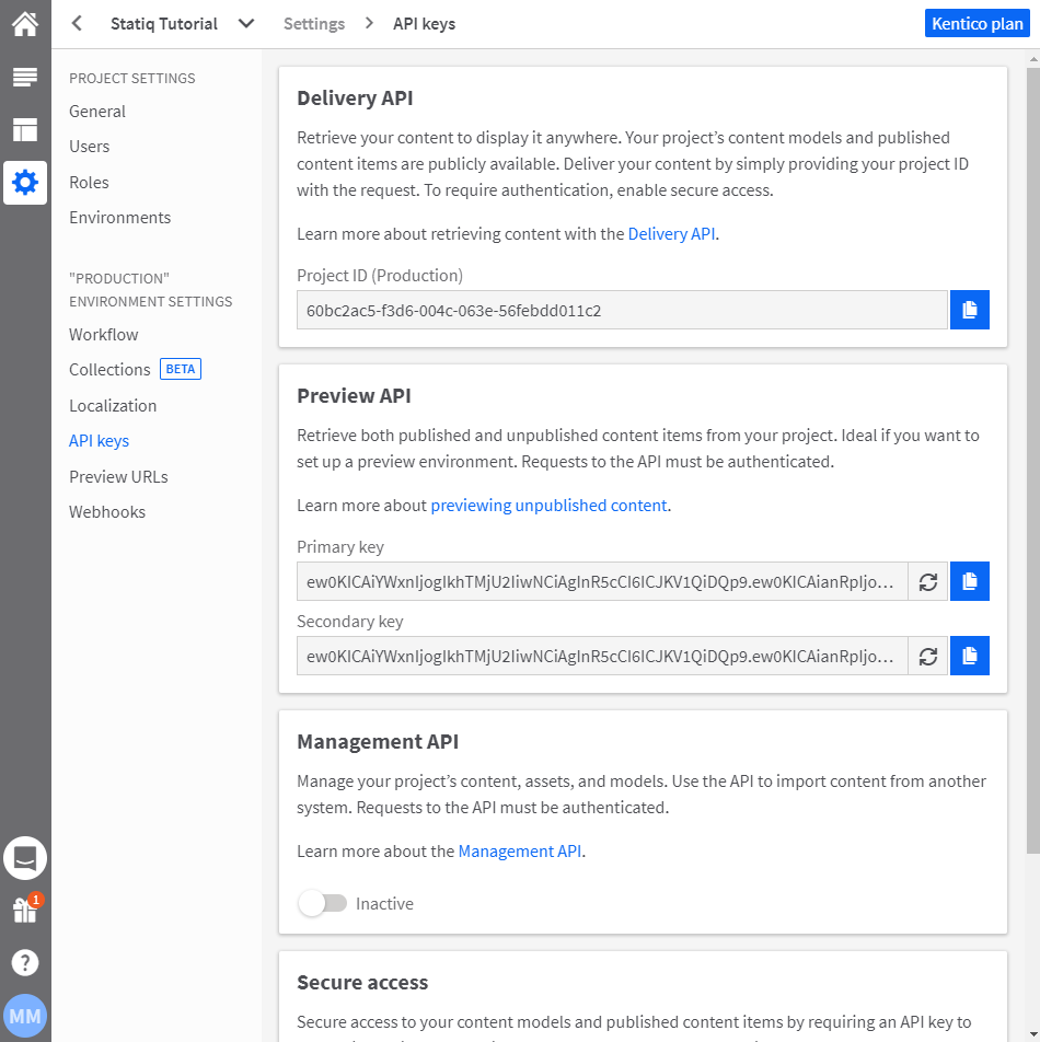 API settings kentico kontent cms