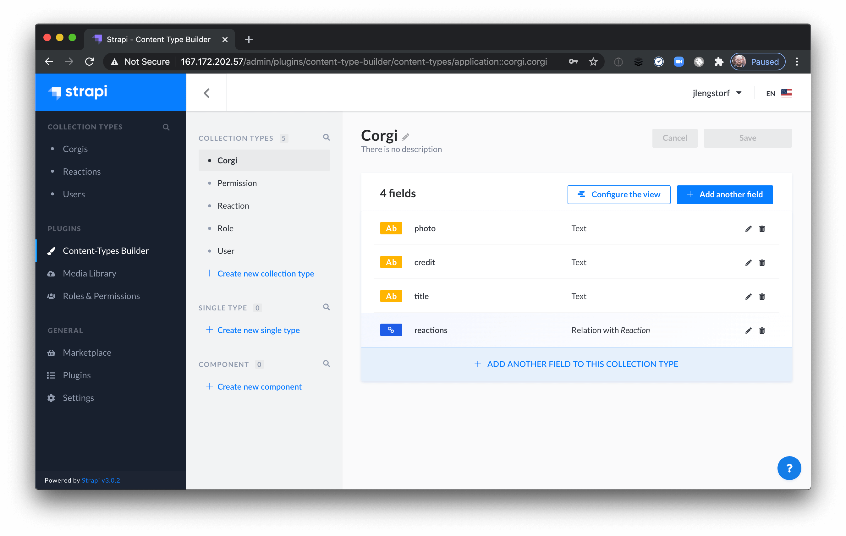 Strapi automatically added a relationship field for the corgi type.