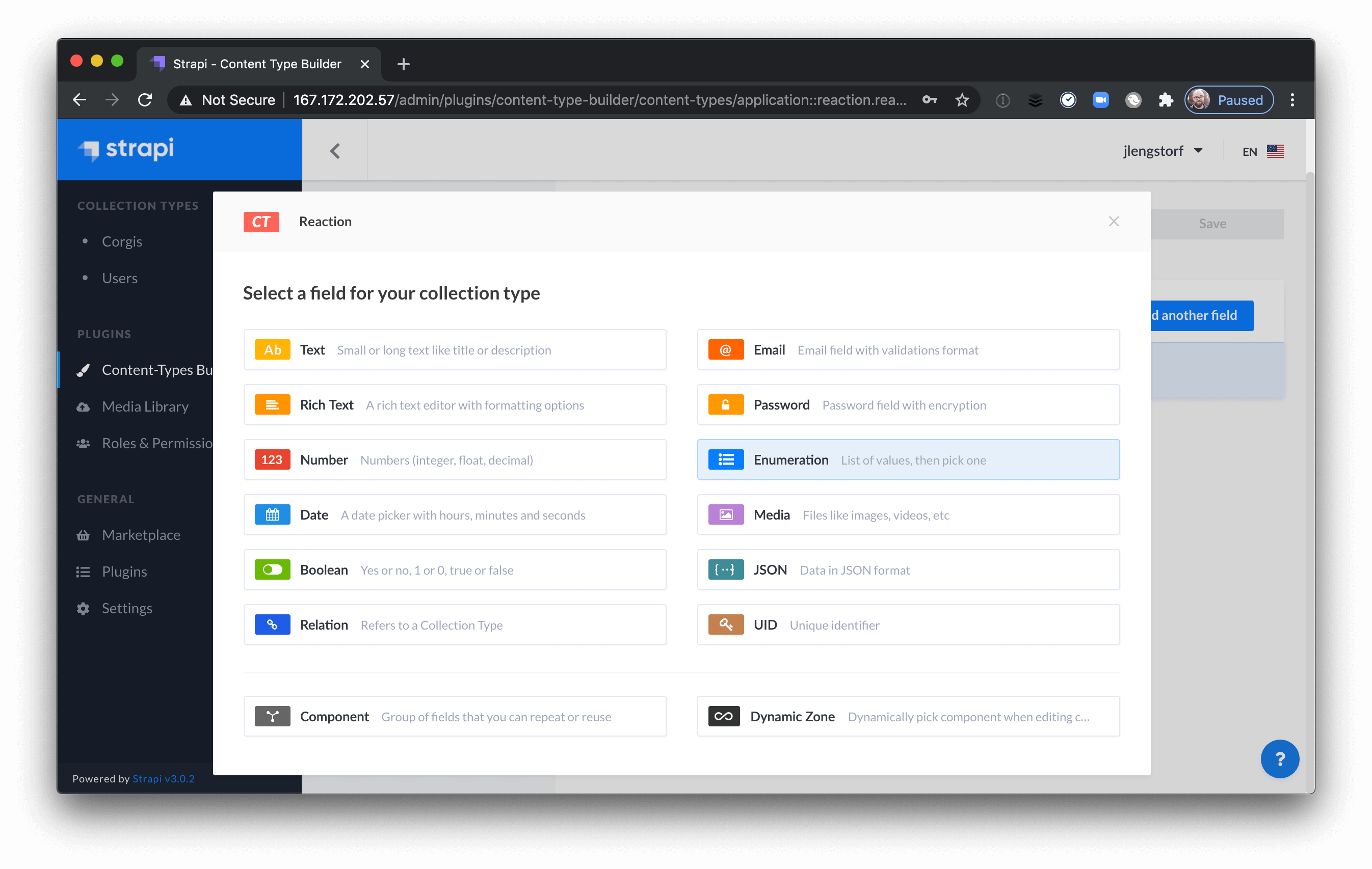 Enumeration field creation in the Strapi admin UI.