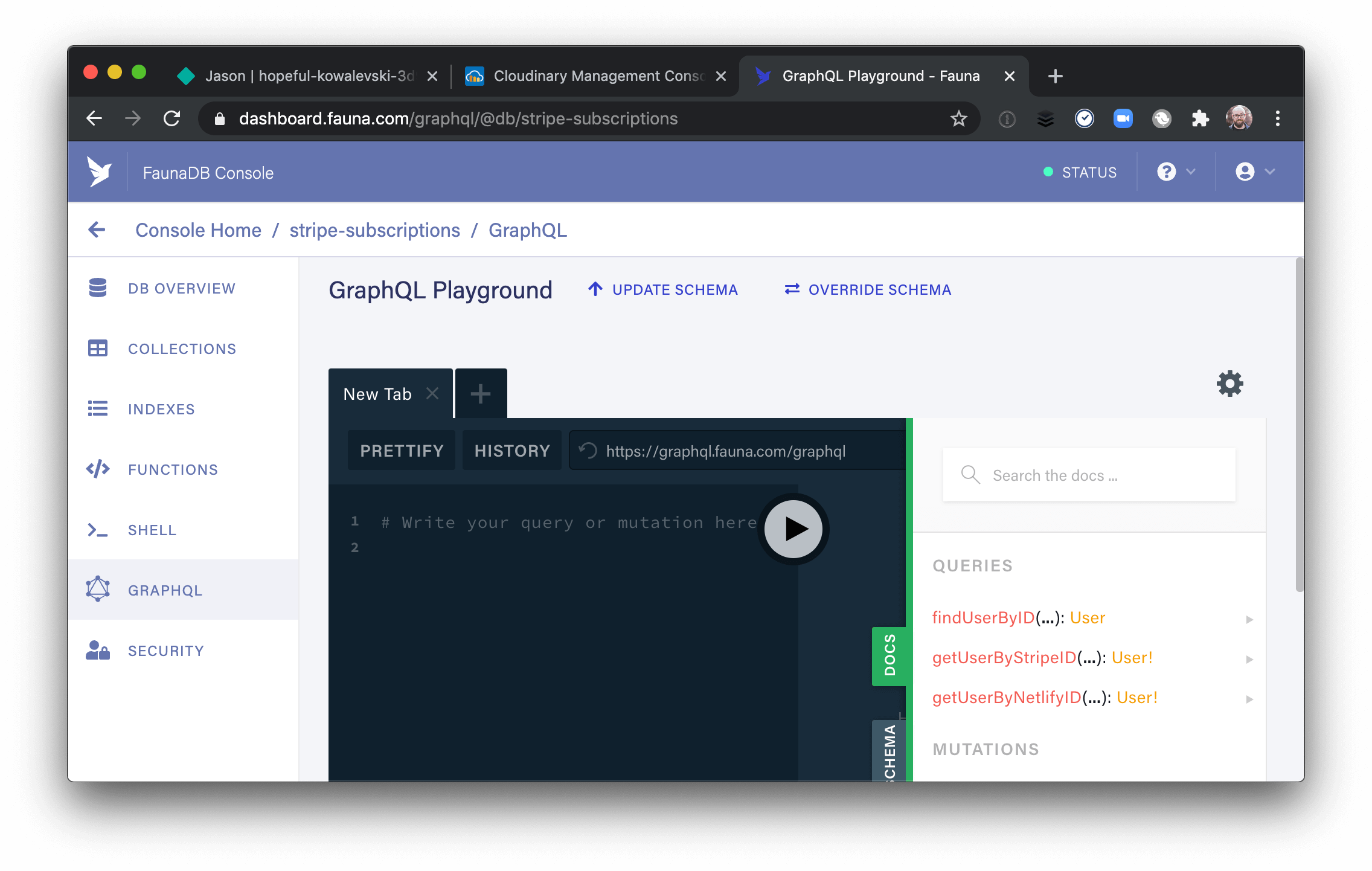 The GraphQL Playground on the Fauna dashboard.