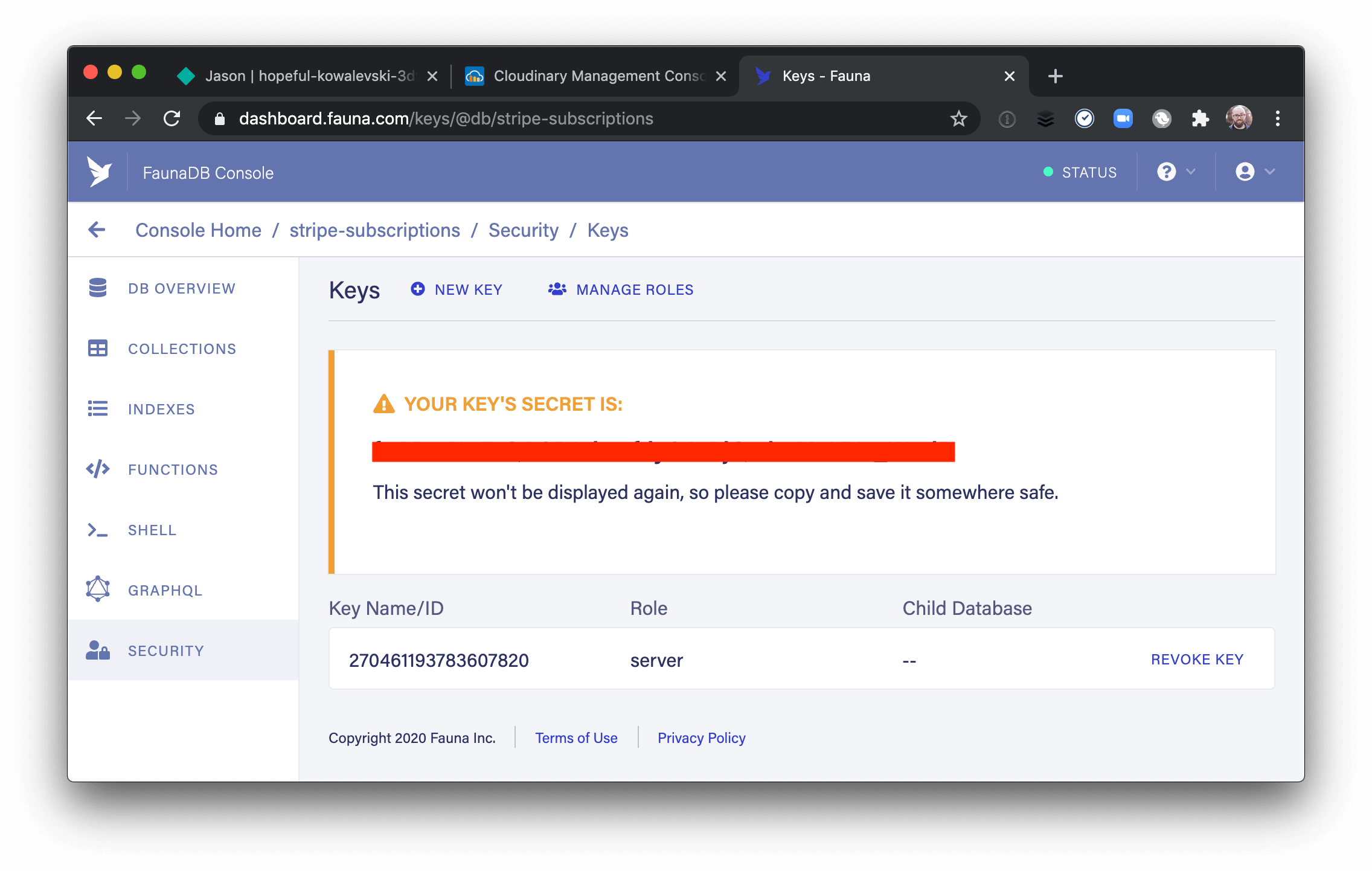 Secret key on the Fauna dashboard.