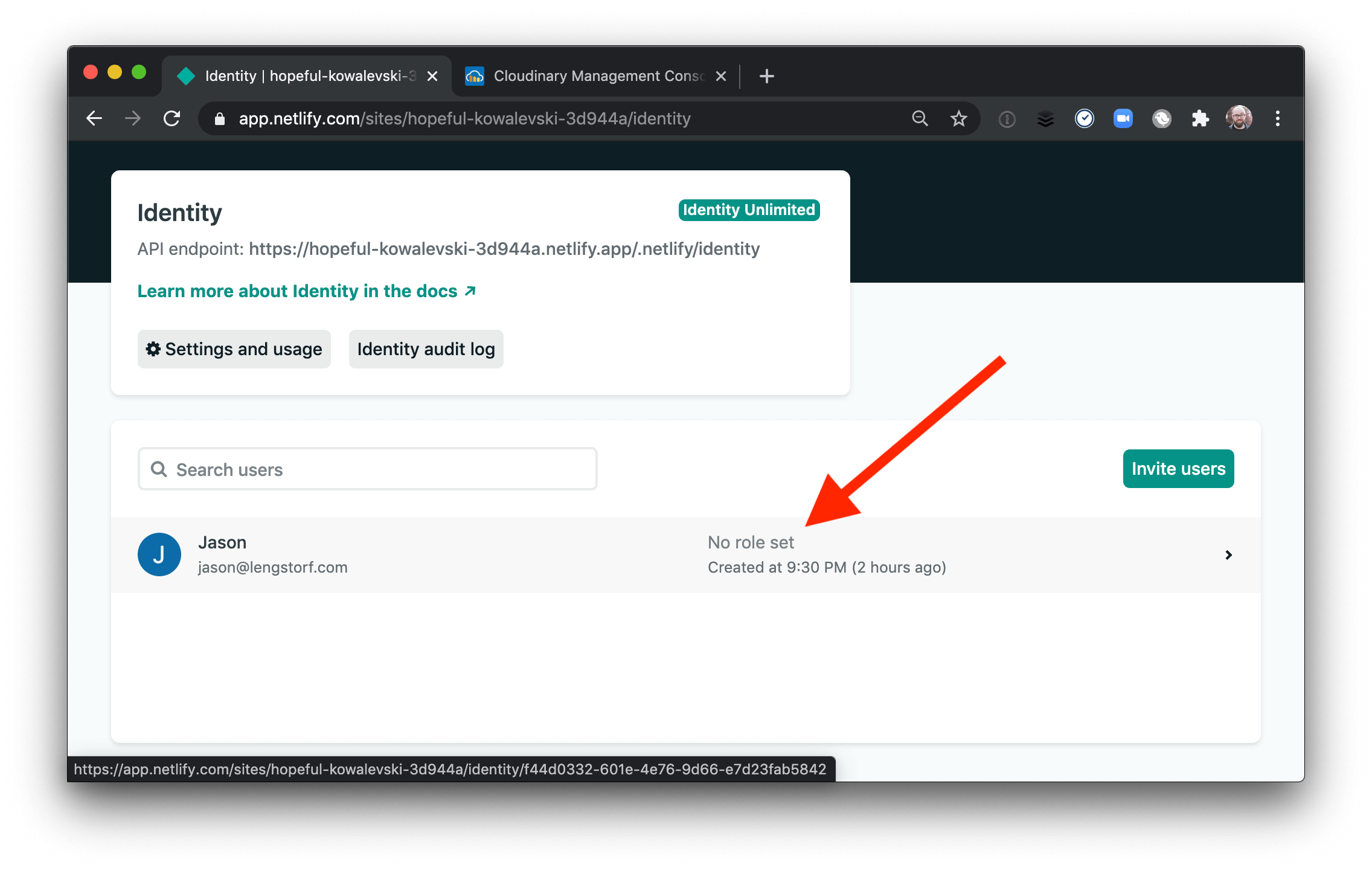 The Netlify Identity dashboard showing a user with no roles set.