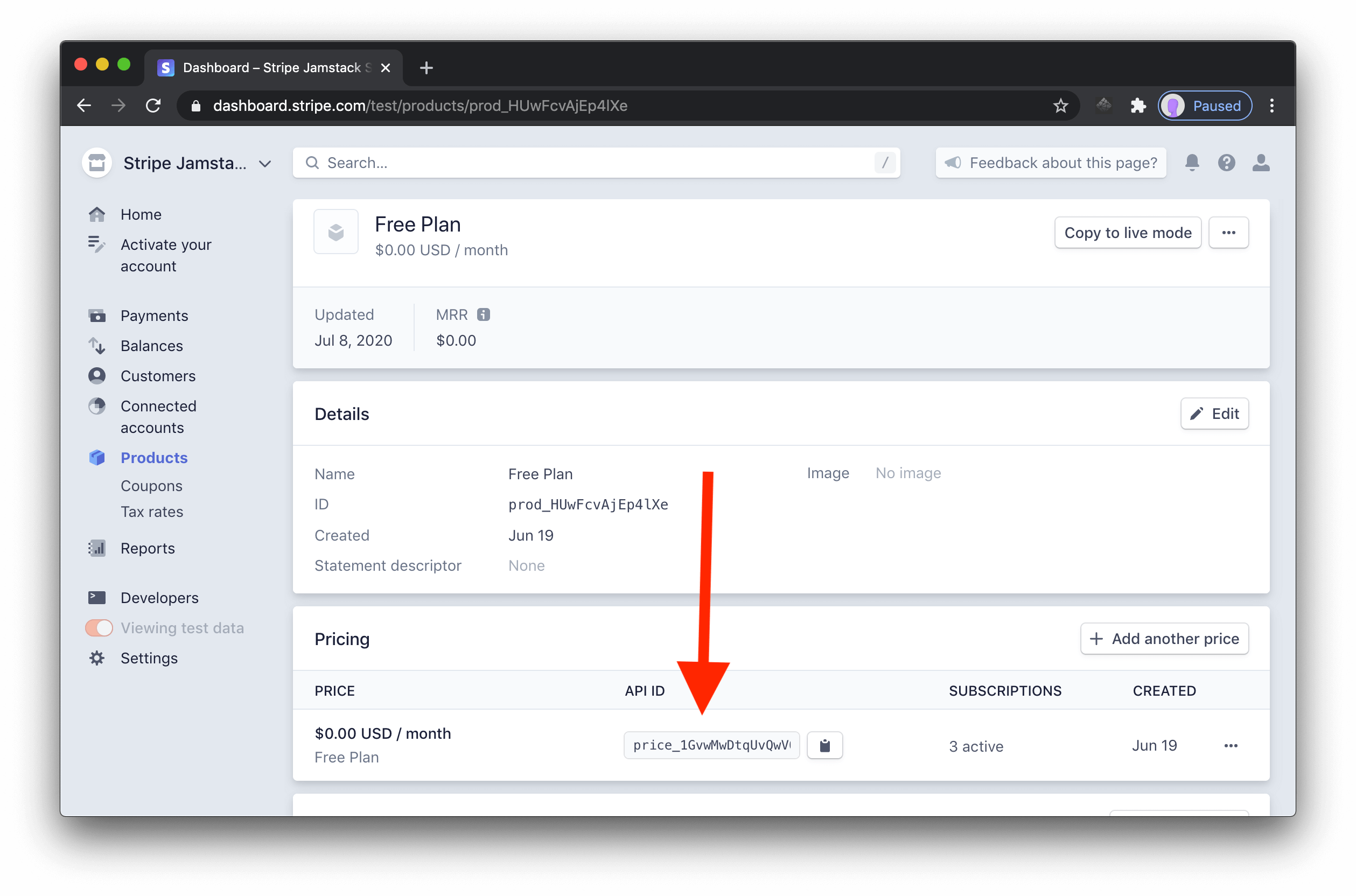 The Stripe product dashboard showing the pricing API ID.