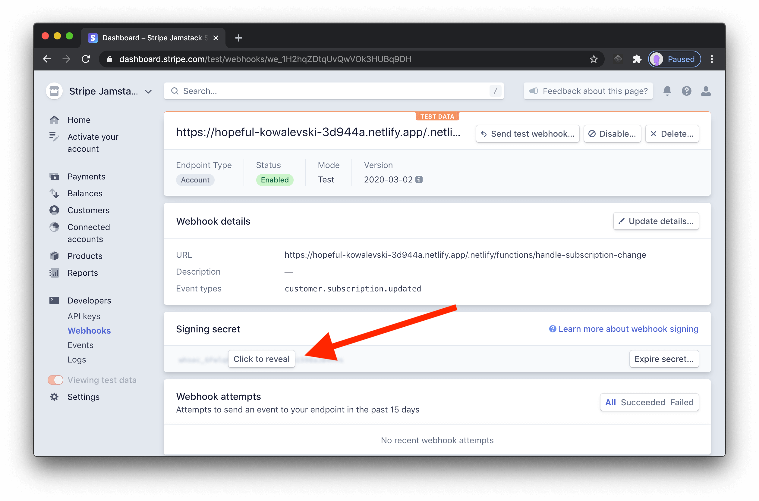 The webhook secret shown on the Stripe dashboard.