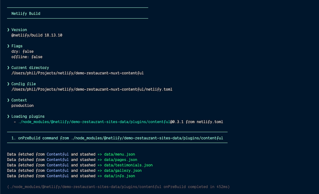 The build running in the terminal, showing data being saved locally from Contentful