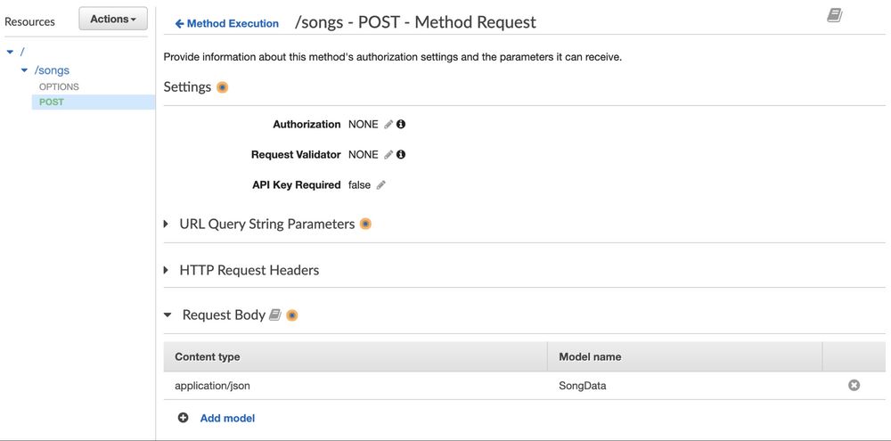 DynamoDB Method Request screen