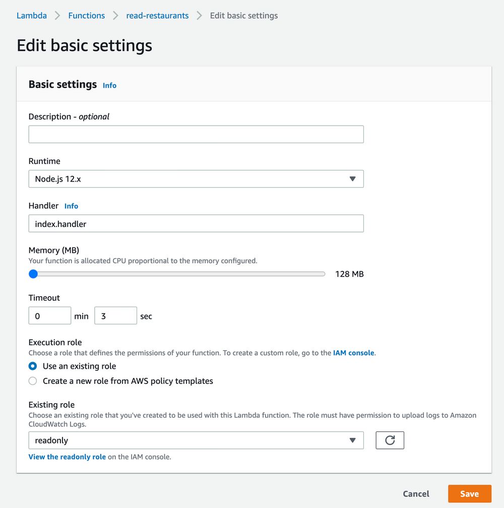 DynamoDB permissions basic settings screen