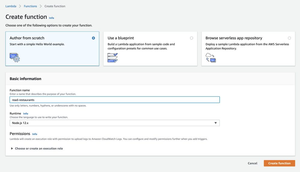 AWS Create a lambda function screen